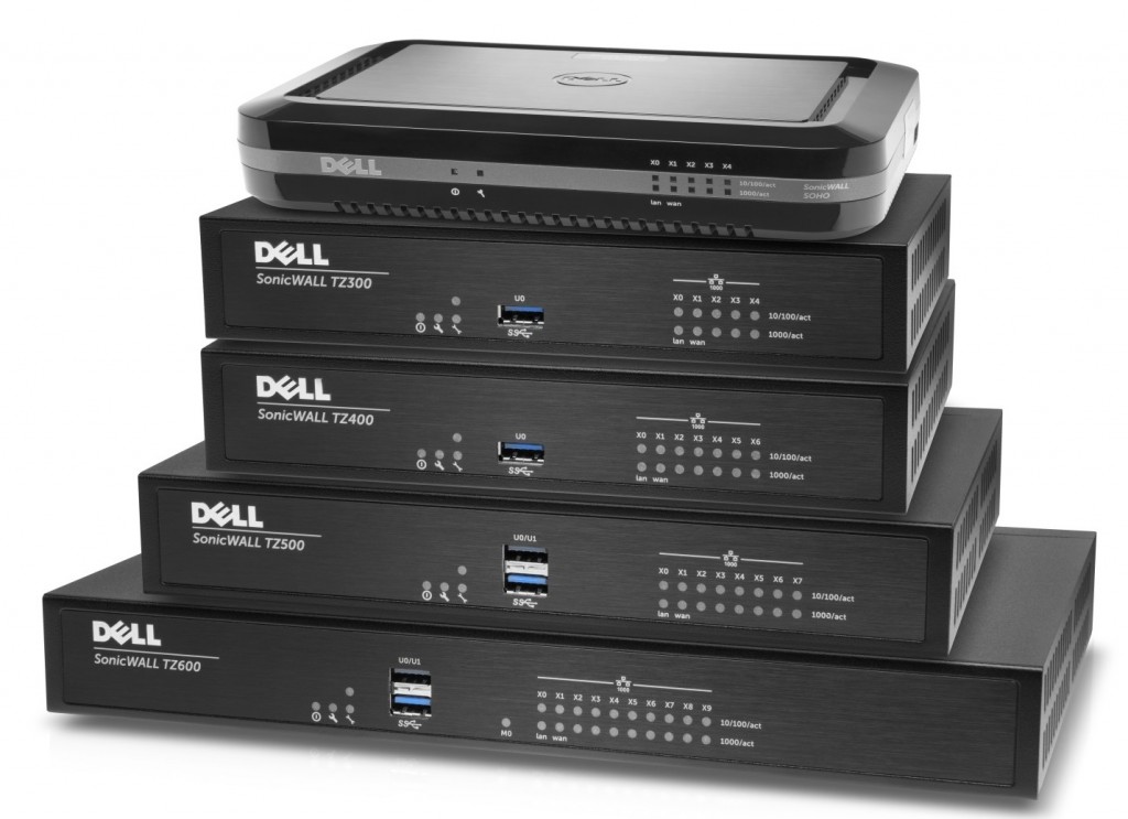Sonicwall TZ-Series family in a stack, featuring Sonicwall TZ600, TZ500, TZ400, TZ300, and SOHO networking security appliances for business networking.