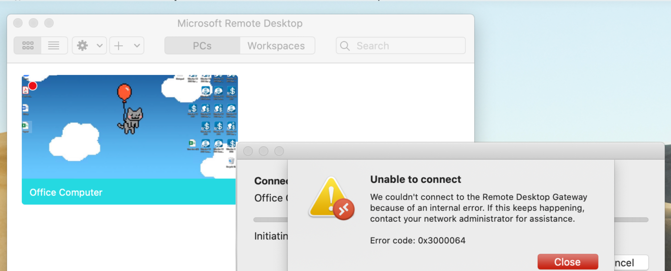 Microsoft Remote Desktop 0x3000064 Unable to connect