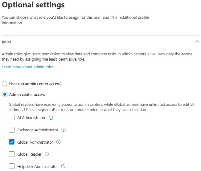 Microsoft 365 admin center - User Roles