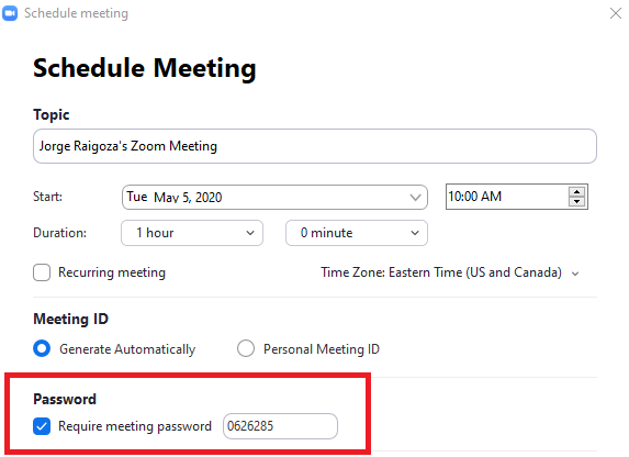 Schedule a password protected meeting using Zoom